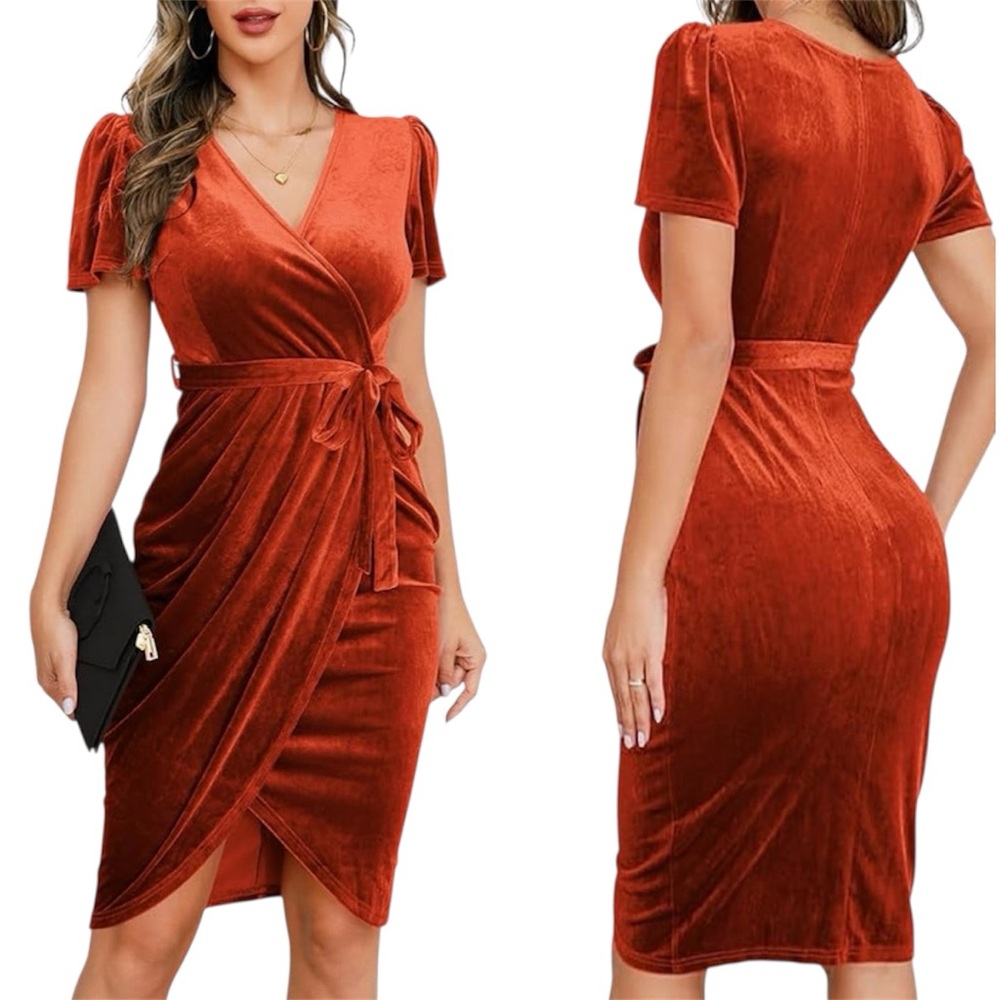 IHOT Burnt Orange Velvet Wrap Midi Dress Wedding Guest Size Small